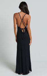 Jacky Maxi Dress - Strappy Plunge Cross Back Tie A Line Dress in Black